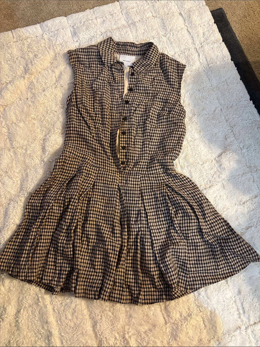 Reformation dark brown and Tan Gingham Sleeveless Fit-and-Flare Dress